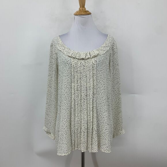 Loft Ann Taylor Pintuck Blouse Womens S Small Cream Ruffle Neck Polka Dot Sheer - Picture 2 of 13